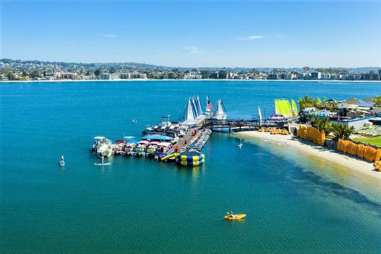 Mission Bay Sports Center with many beach rentals and water activities